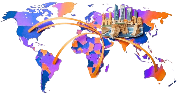 Lebanese digital marketing and web development agency connecting Beirut to global markets through a stylized world map and skyline.