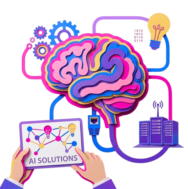 AI solutions and machine learning services by a digital agency, illustrating a colorful paper-cut brain connected to servers and digital innovation.