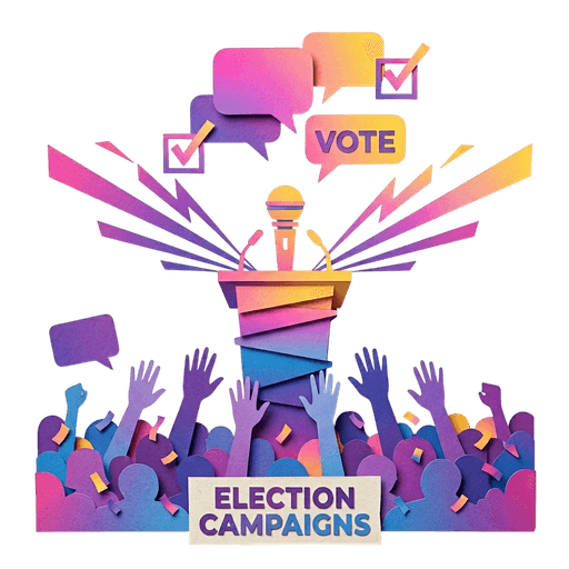 Political digital marketing and election campaign management, featuring a creative paper-cut illustration of a podium, microphone, and voting symbols.