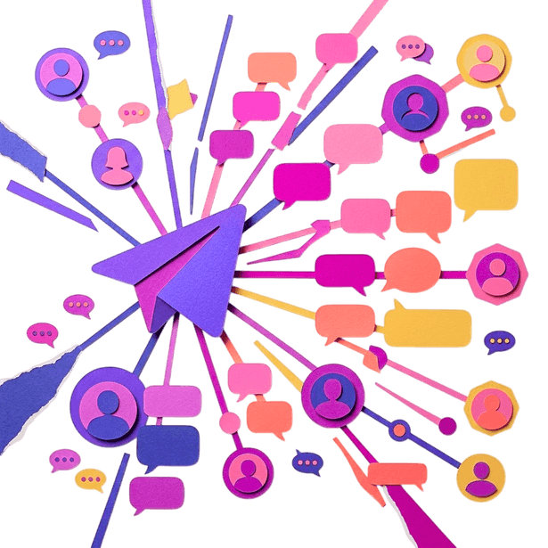 Telegram outreach and community building, featuring a paper-cut paper plane icon connecting chat bubbles and user profiles for digital engagement.