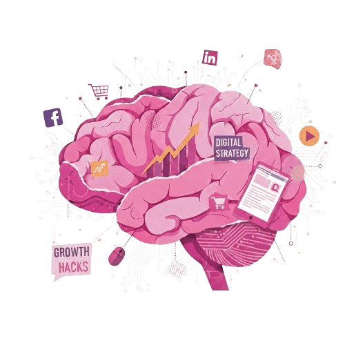 Human brain illustration with digital strategy icons, social media logos, and growth charts for marketing agency.