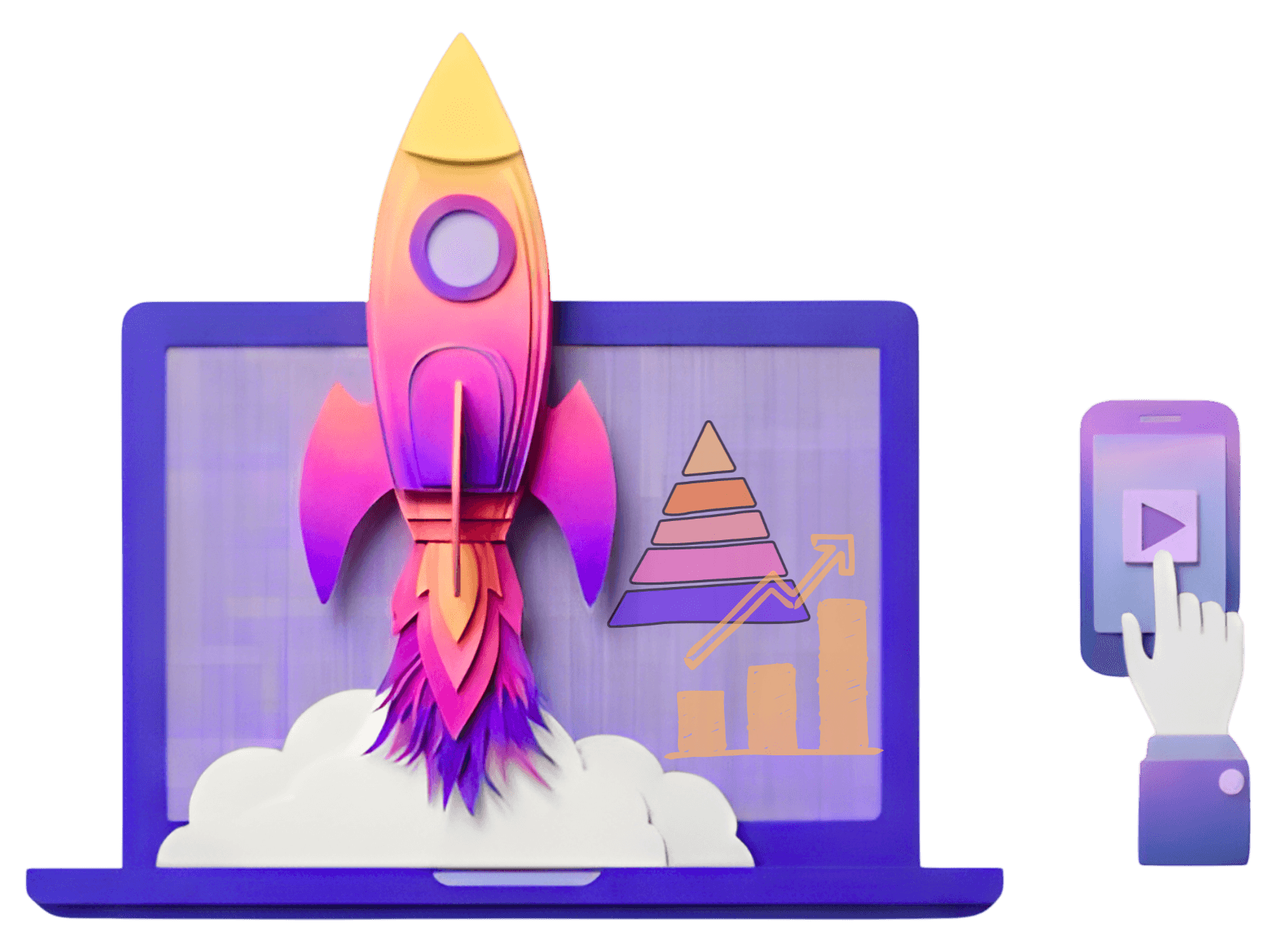 3D paper-craft rocket launching from a laptop with growth charts, representing digital marketing and development.