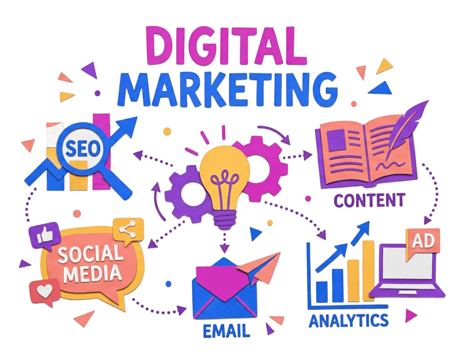 Full-service digital marketing: SEO, social media, content strategy, email marketing, ads, and analytics for business growth.